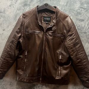 GUESS Men's Faux Leather Moto Jacket, Brown, Large